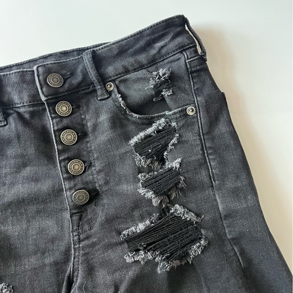 American Eagle • Distressed Washed Black Button Fly Super High Rise Shorties - Picture 2 of 6